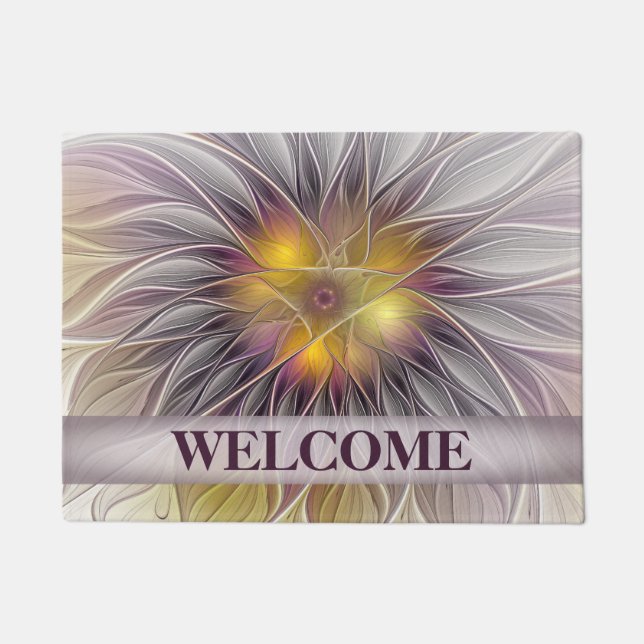 Colourful Flower, Abstract Modern Fractal Welcome Doormat (Front)