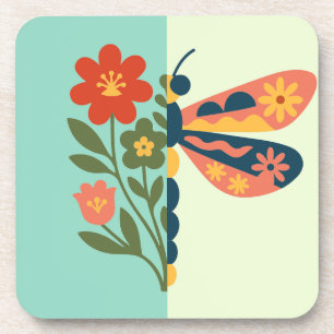 Colourful flower and butterfly graphic design coaster
