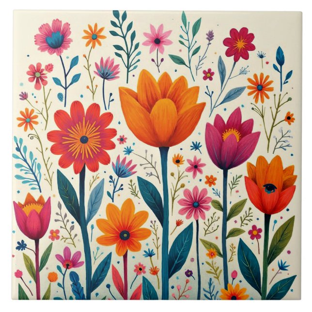 Colourful Flower Art Illustration, Tile (Front)