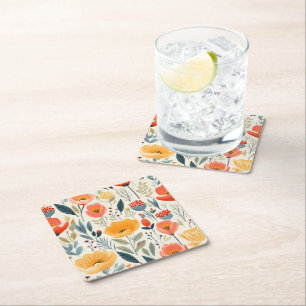 Colourful Flower Art Square Paper Coaster