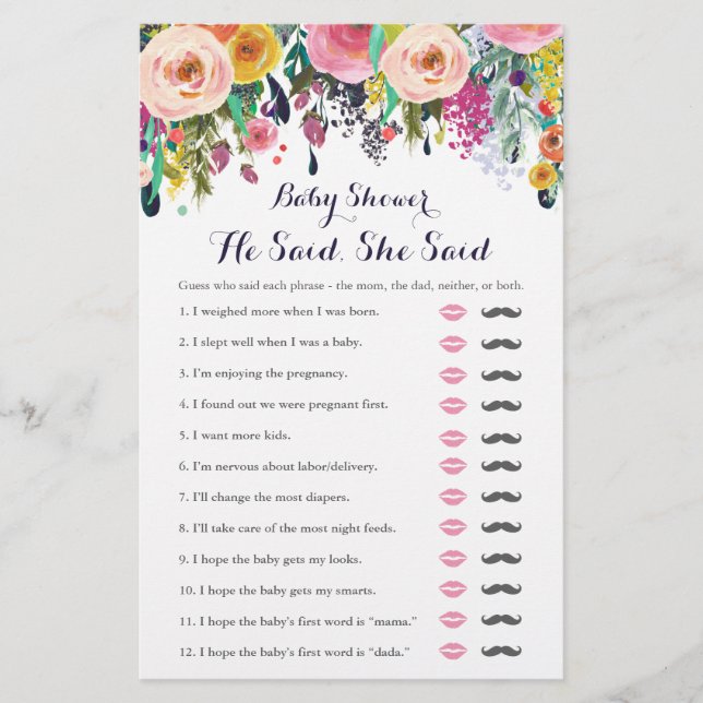 Colourful Flower Baby Shower He Said She Said Game (Front)