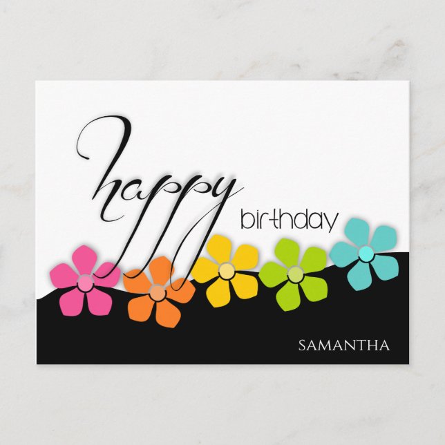 Colourful Flower Black & White Birthday Calligraph Postcard (Front)