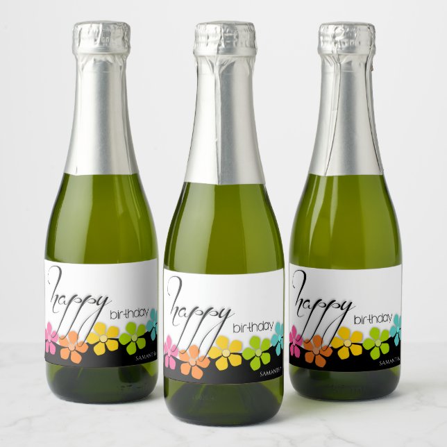 Colourful Flower Black & White Birthday Calligraph Sparkling Wine Label (Bottles)