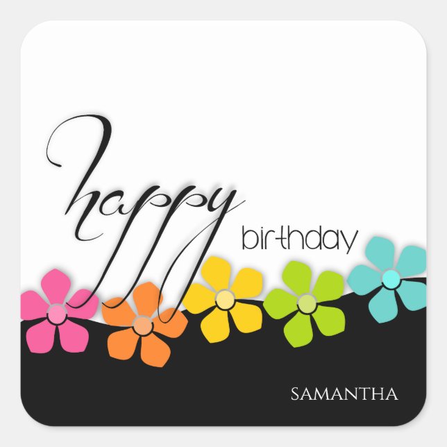 Colourful Flower Black & White Birthday Calligraph Square Sticker (Front)