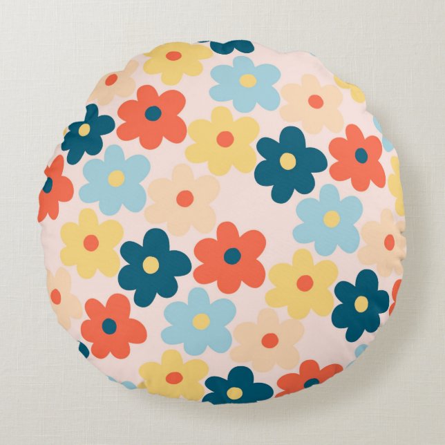 Colourful Flower Boho Chic Round Pillow (Front)