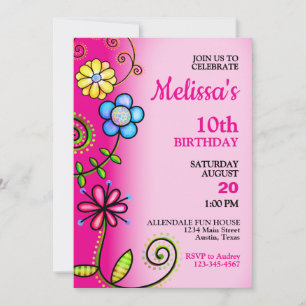 Colourful Flower Doodles Birthday Whimsical Party Invitation