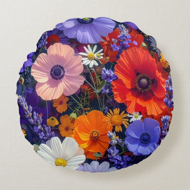 Colourful Flower Fields Round Pillow (Front)