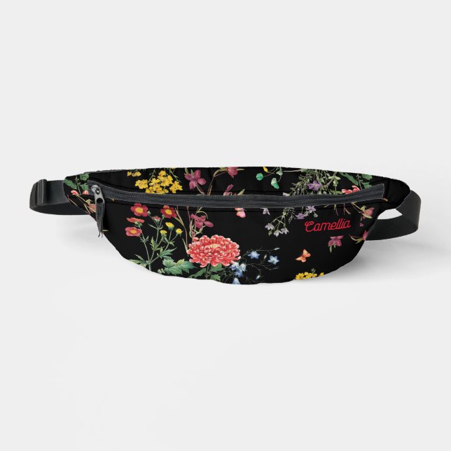 Colourful FLower Garden Hand Drawing Black Custom Fanny Pack (Front)
