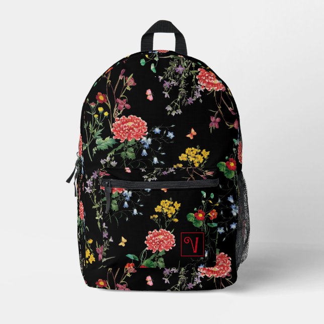 Colourful FLower Garden Hand Drawing Black Custom Printed Backpack (Front)