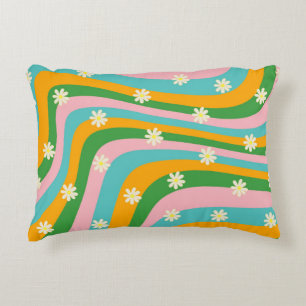 Colourful Flower Groovy Stripe Boho Pattern Accent Pillow