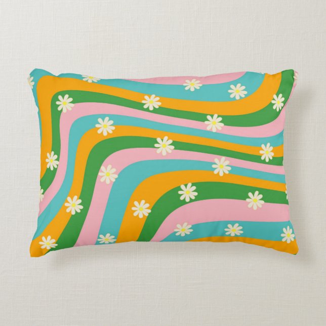 Colourful Flower Groovy Stripe Boho Pattern Accent Pillow (Front)