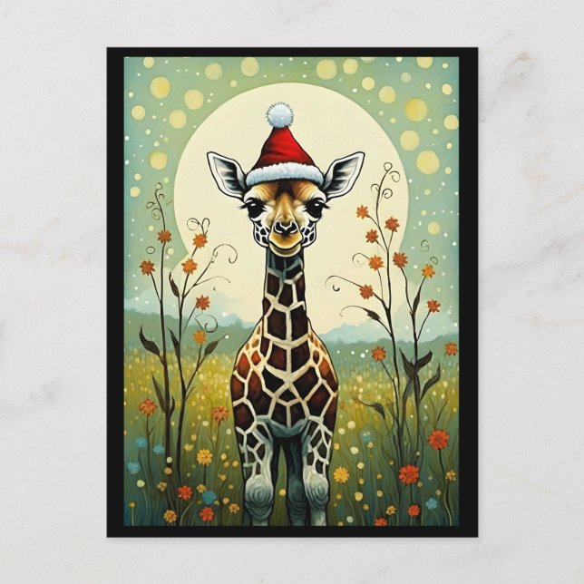 Colourful Flower Meadow Giraffe Santa Christmas  Postcard (Front)