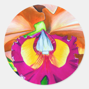Colourful flower orchid watercolor art classic round sticker