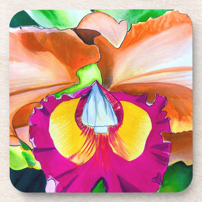Colourful flower orchid watercolor art coaster (Front)