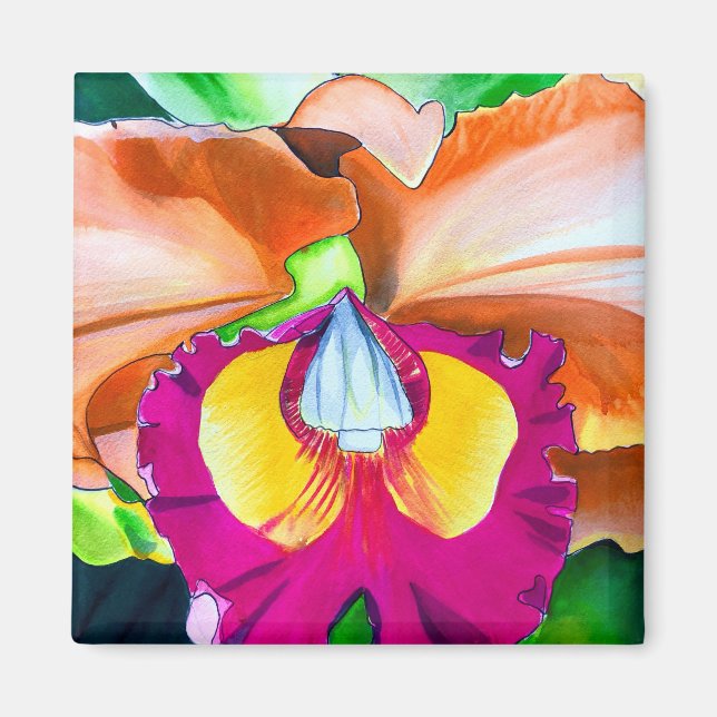 Colourful flower orchid watercolor art magnet (Front)
