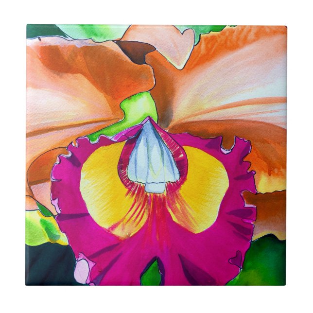 Colourful flower orchid watercolor art tile (Front)
