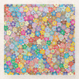 Colourful Flower Pattern Boho Glass Coaster