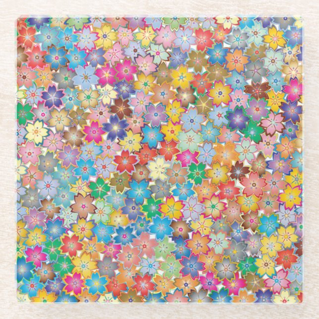 Colourful Flower Pattern Boho Glass Coaster (Front)