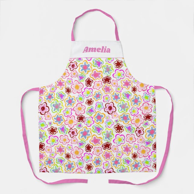Colourful Flower Pattern Hand-Drawn Summer Floral Apron (Front)
