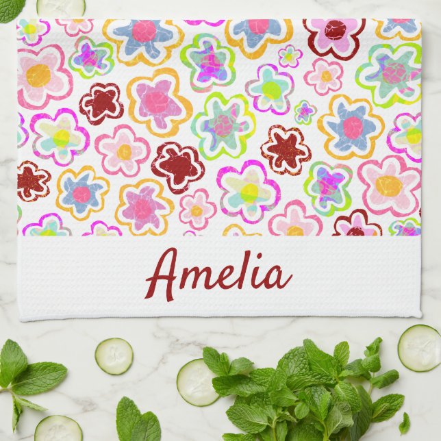 Colourful Flower Pattern Hand-Drawn Summer Floral  Kitchen Towel (Folded)