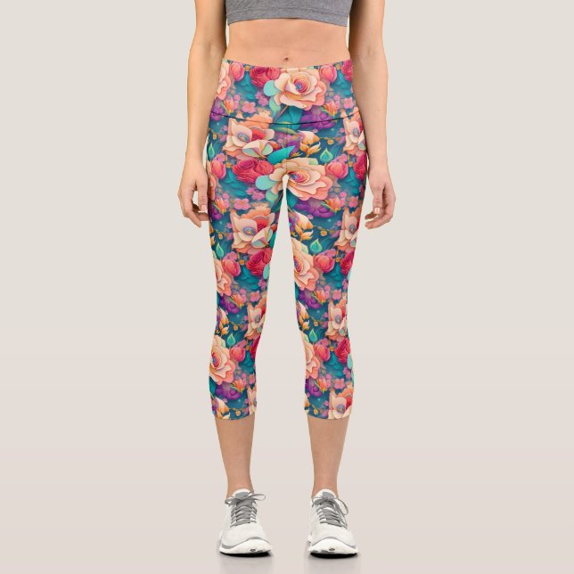 Colourful Flower Pattern High Waisted Yoga Capris (Front)