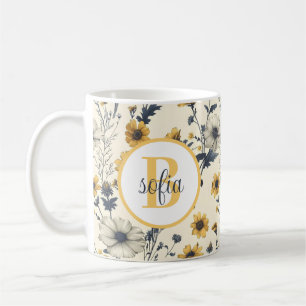Colourful Flower Pattern Monogram Yellow Coffee Mug