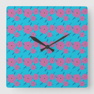 Colourful Flower Pattern on Blue Background Square Wall Clock