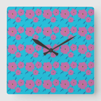 Colourful Flower Pattern on Blue Background Square Wall Clock