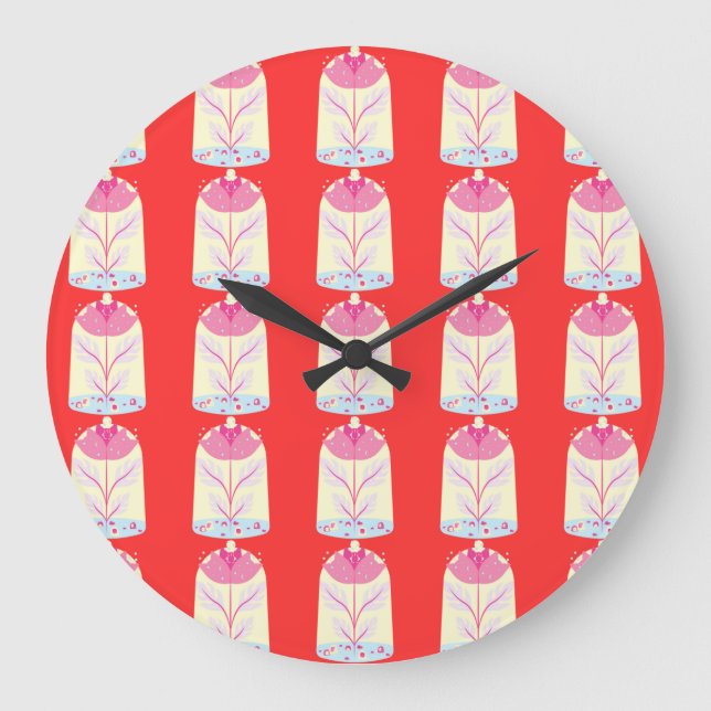 Colourful Flower Pattern on Red Background Large Clock (Front)