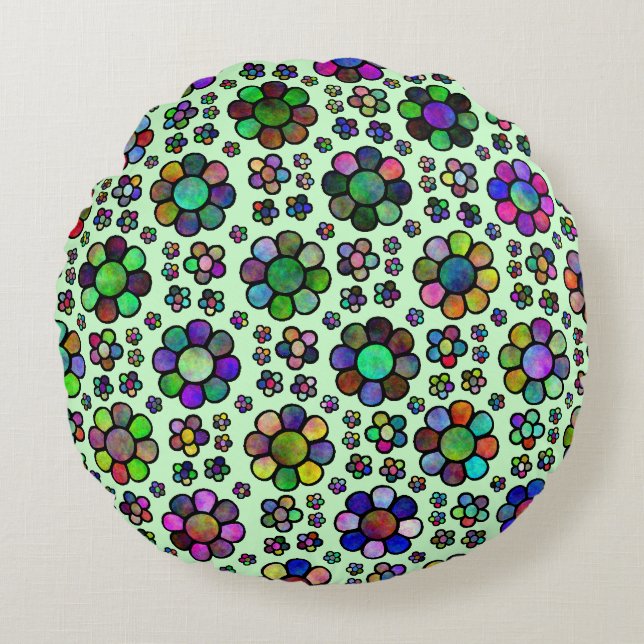 Colourful Flower Pattern TieDye Round Pillow (Front)