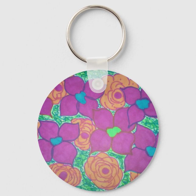 Colourful Flower Pattern Tropical Art Keychain (Front)