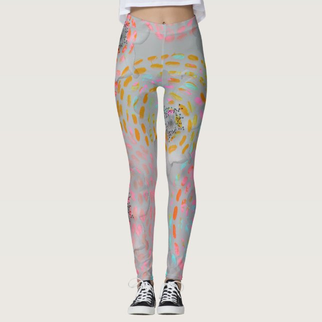 Colourful flower pattern with dotted graphic lines leggings (Front)