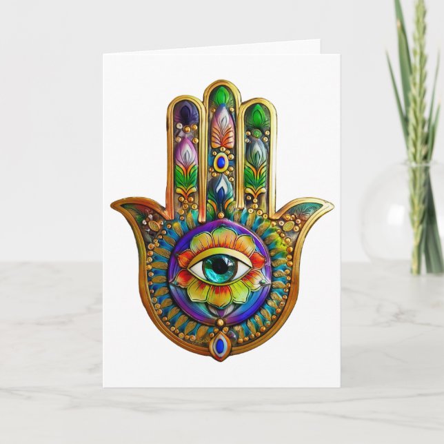 Colourful Flower Petals Turquoise Third Eye Hamsa Card (Front)