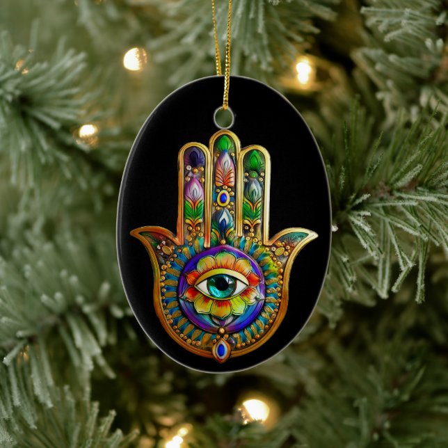 Colourful Flower Petals Turquoise Third Eye Hamsa Ceramic Ornament (Tree)