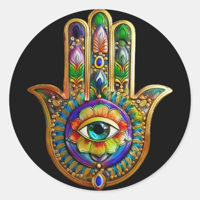 Colourful Flower Petals Turquoise Third Eye Hamsa Classic Round Sticker (Front)