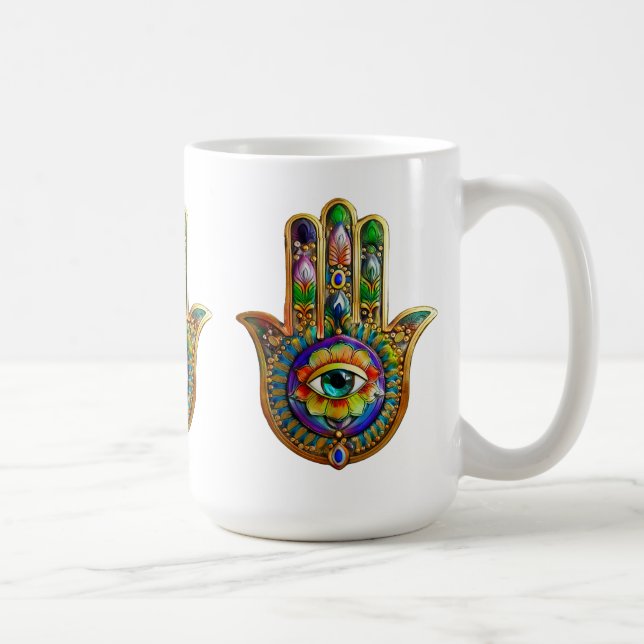 Colourful Flower Petals Turquoise Third Eye Hamsa Coffee Mug (Right)
