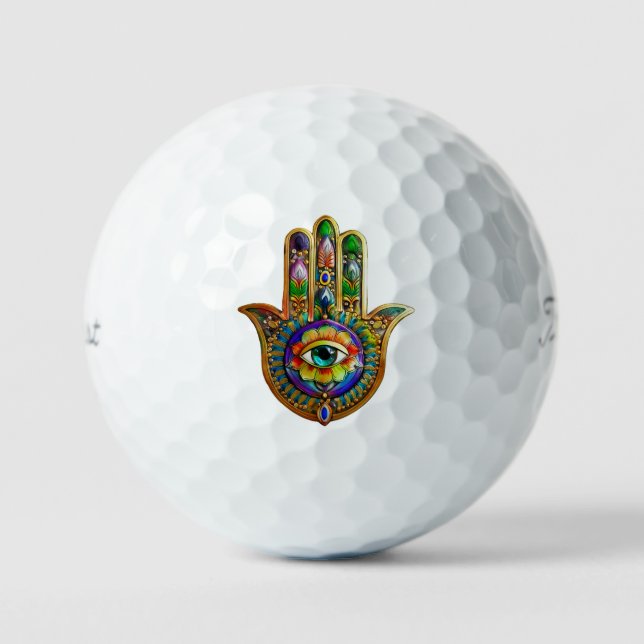 Colourful Flower Petals Turquoise Third Eye Hamsa Golf Balls (Front)