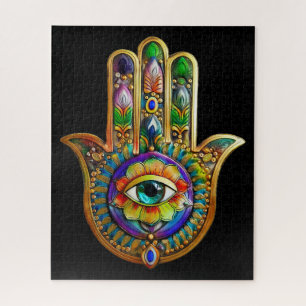 Colourful Flower Petals Turquoise Third Eye Hamsa Jigsaw Puzzle