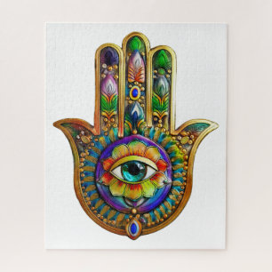 Colourful Flower Petals Turquoise Third Eye Hamsa Jigsaw Puzzle