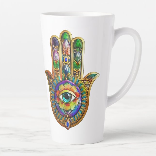 Colourful Flower Petals Turquoise Third Eye Hamsa Latte Mug (Right)