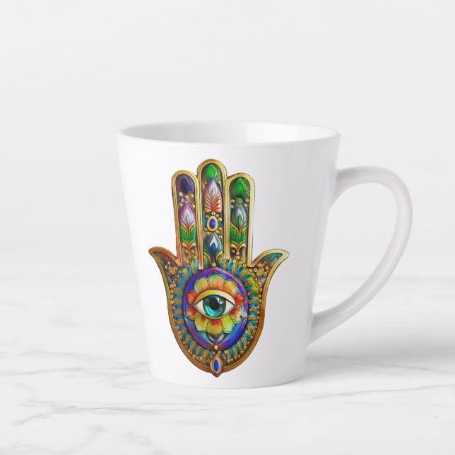 Colourful Flower Petals Turquoise Third Eye Hamsa Latte Mug (Right)