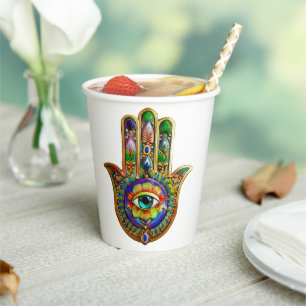 Colourful Flower Petals Turquoise Third Eye Hamsa Paper Cups