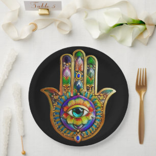 Colourful Flower Petals Turquoise Third Eye Hamsa Paper Plate