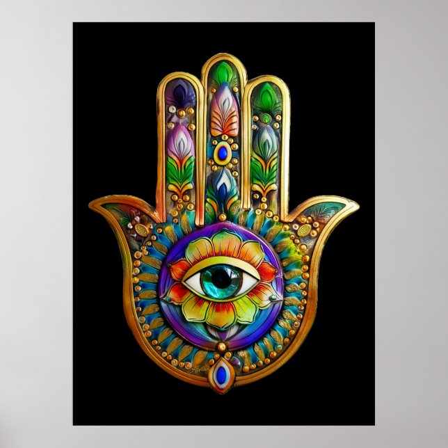 Colourful Flower Petals Turquoise Third Eye Hamsa Poster (Front)