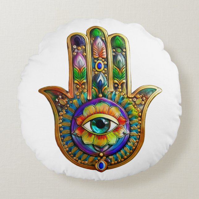 Colourful Flower Petals Turquoise Third Eye Hamsa Round Pillow (Front)