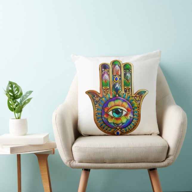 Colourful Flower Petals Turquoise Third Eye Hamsa Throw Pillow (Chair)