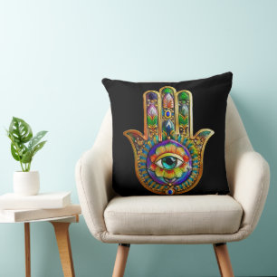 Colourful Flower Petals Turquoise Third Eye Hamsa Throw Pillow