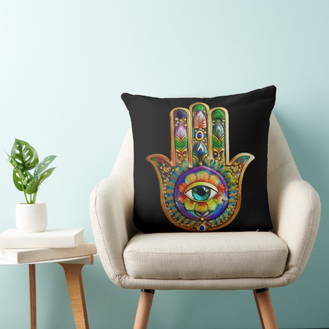 Colourful Flower Petals Turquoise Third Eye Hamsa Throw Pillow (Chair)