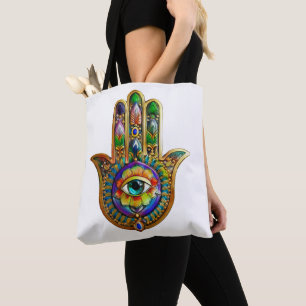 Colourful Flower Petals Turquoise Third Eye Hamsa Tote Bag