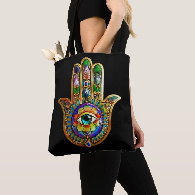 Colourful Flower Petals Turquoise Third Eye Hamsa Tote Bag (Close Up)